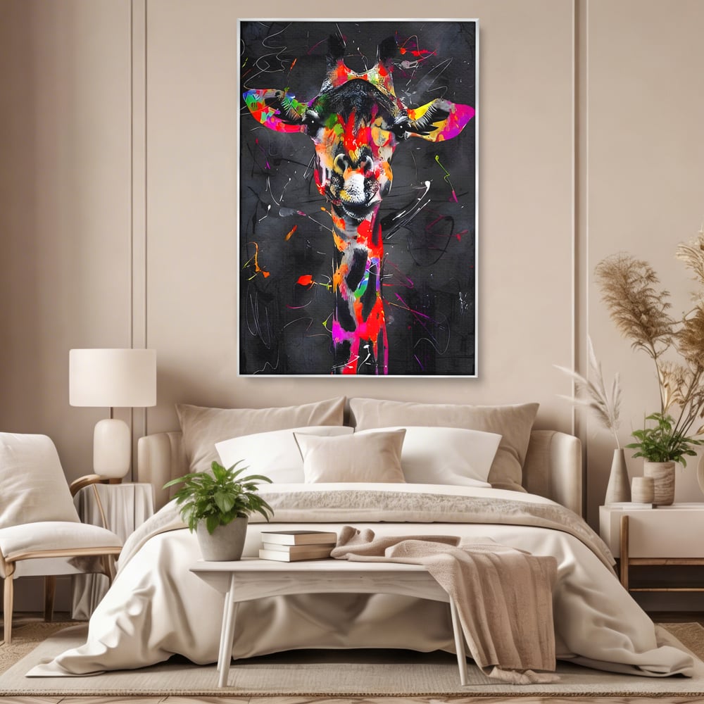 Tablou canvas cu tablou canvas cu girafa multicolor, in rama de aluminiu argintiu, pe perete intr-un dormitor